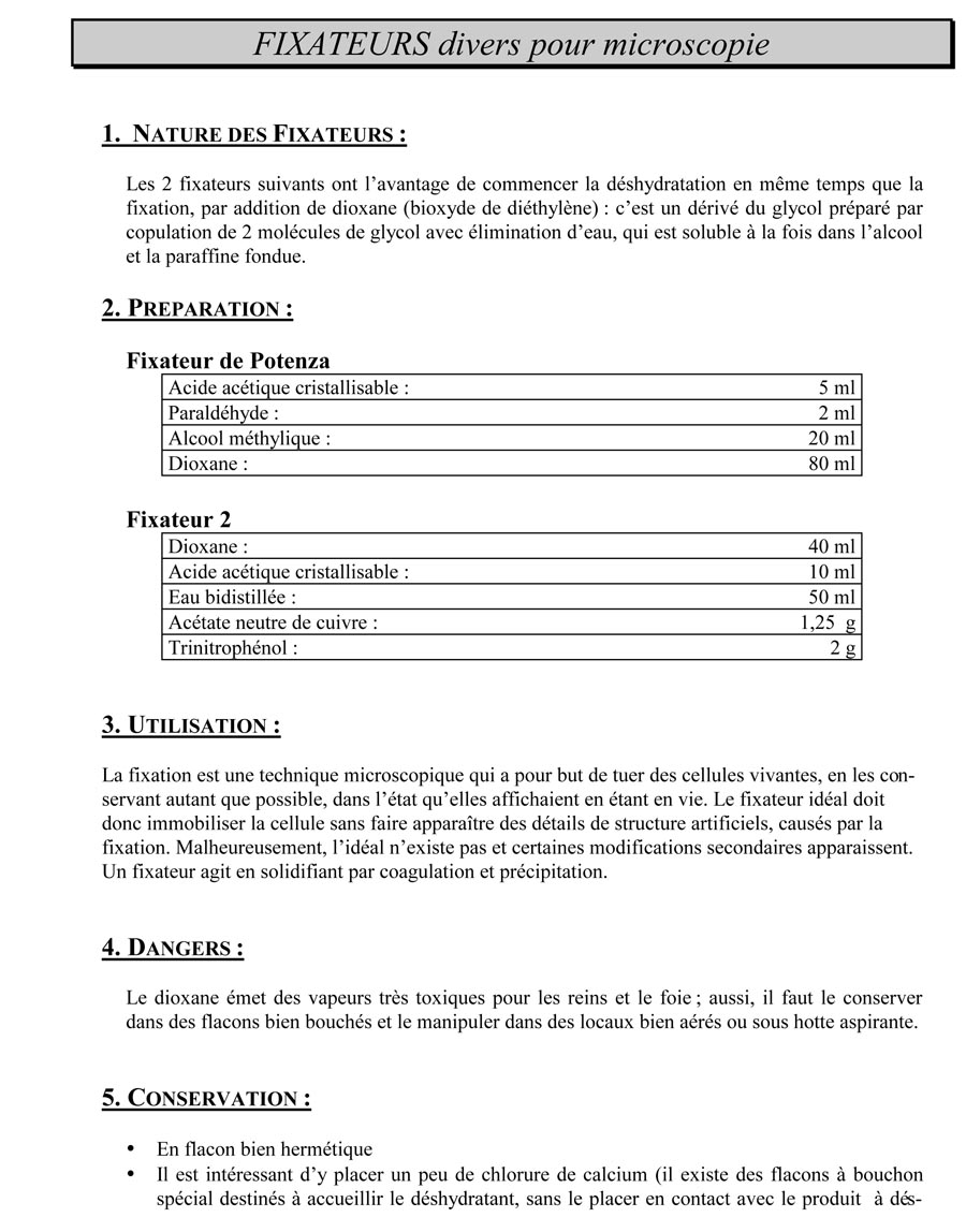 fixateurs divers pour la microcopie